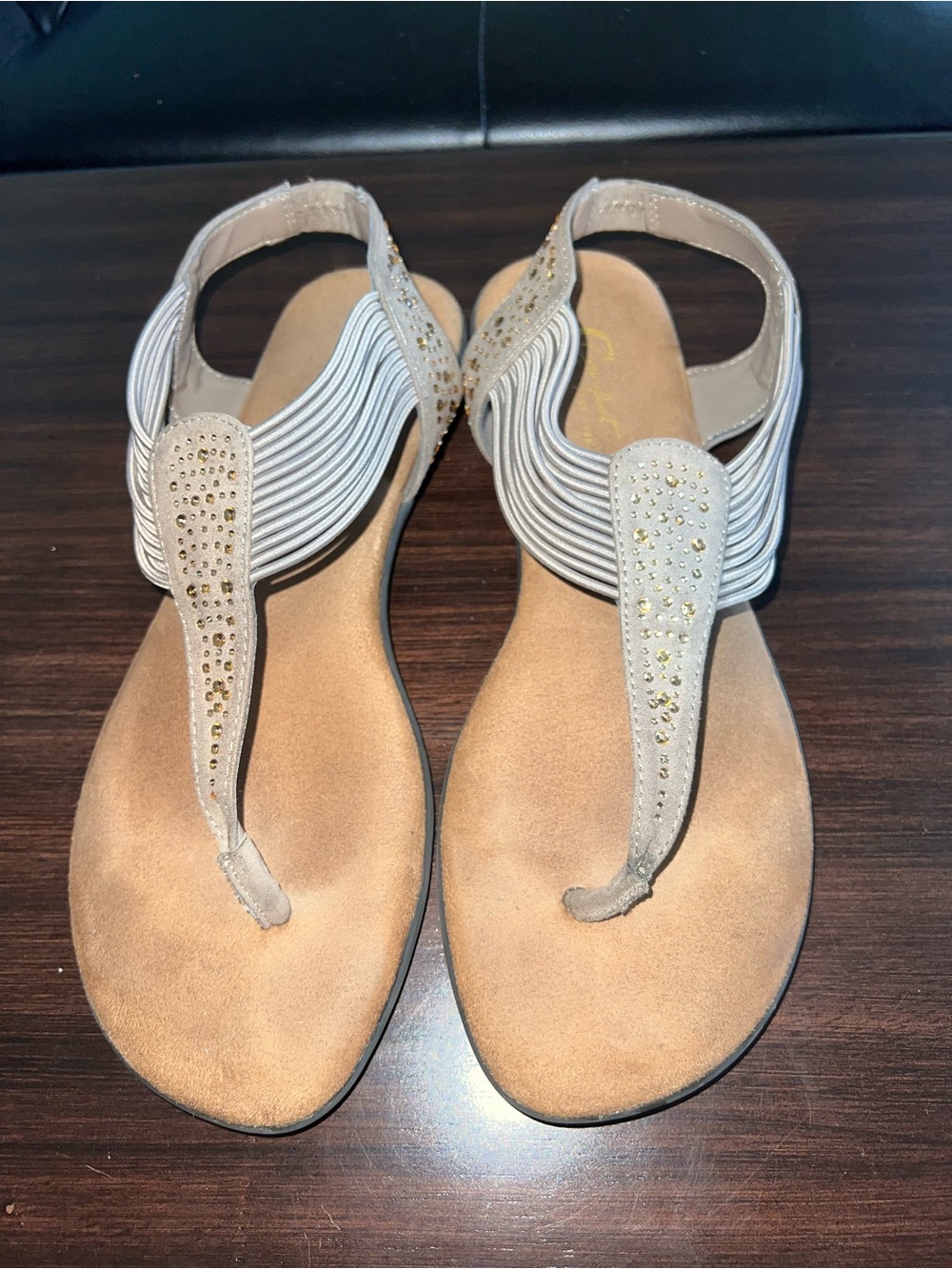 Women's Boho Nude/Taupe Jeweled T-Strap Sandals